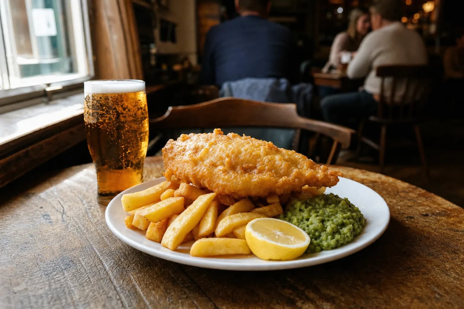 Fish and chips with mushy peas and a pint of lager on a pub table (AI example photo)