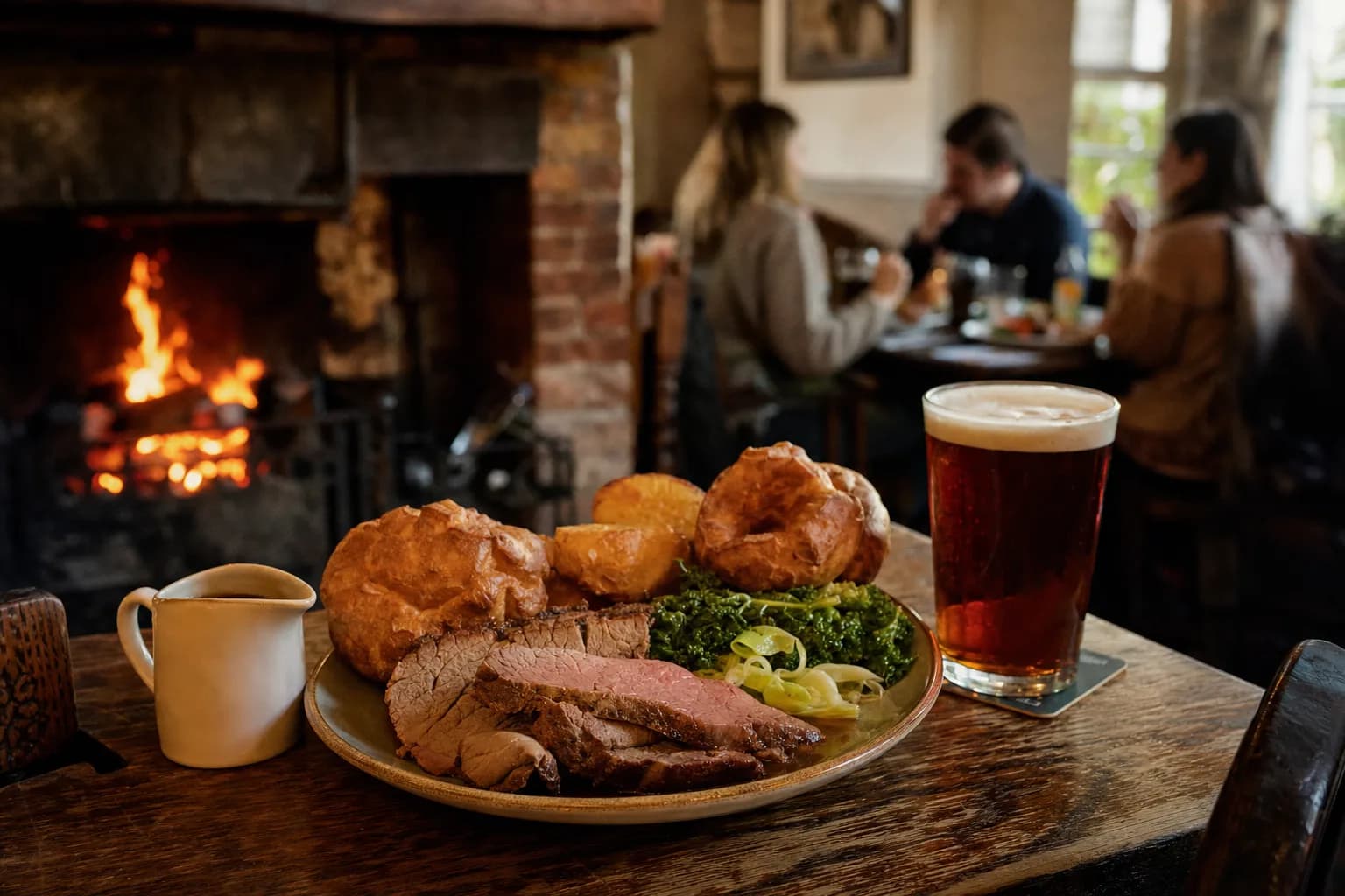 A Sunday roast on an oak pub table, with the fire lit behind (AI example photo)