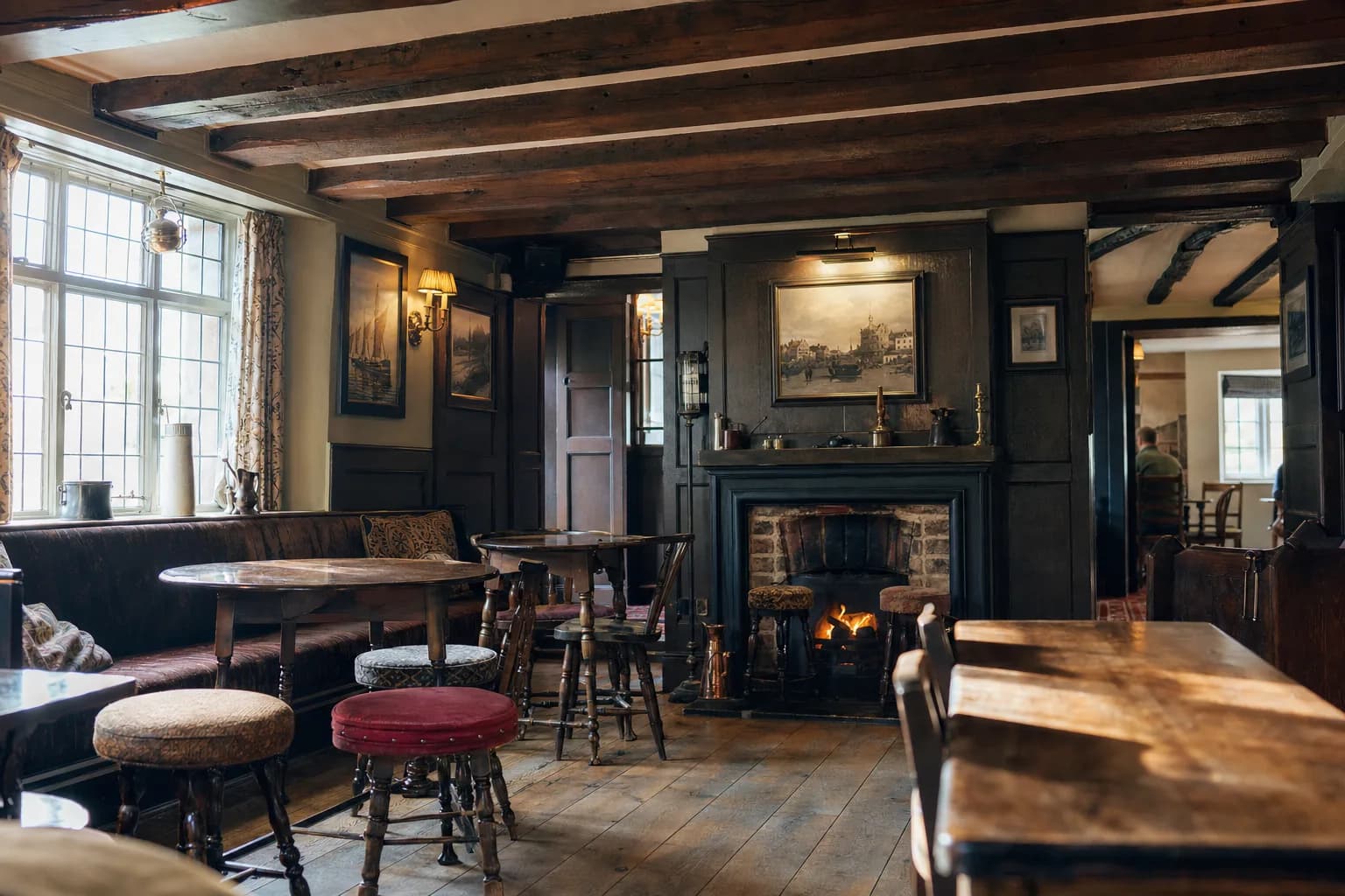 A traditional pub snug in morning light, set up for the day (AI example photo)