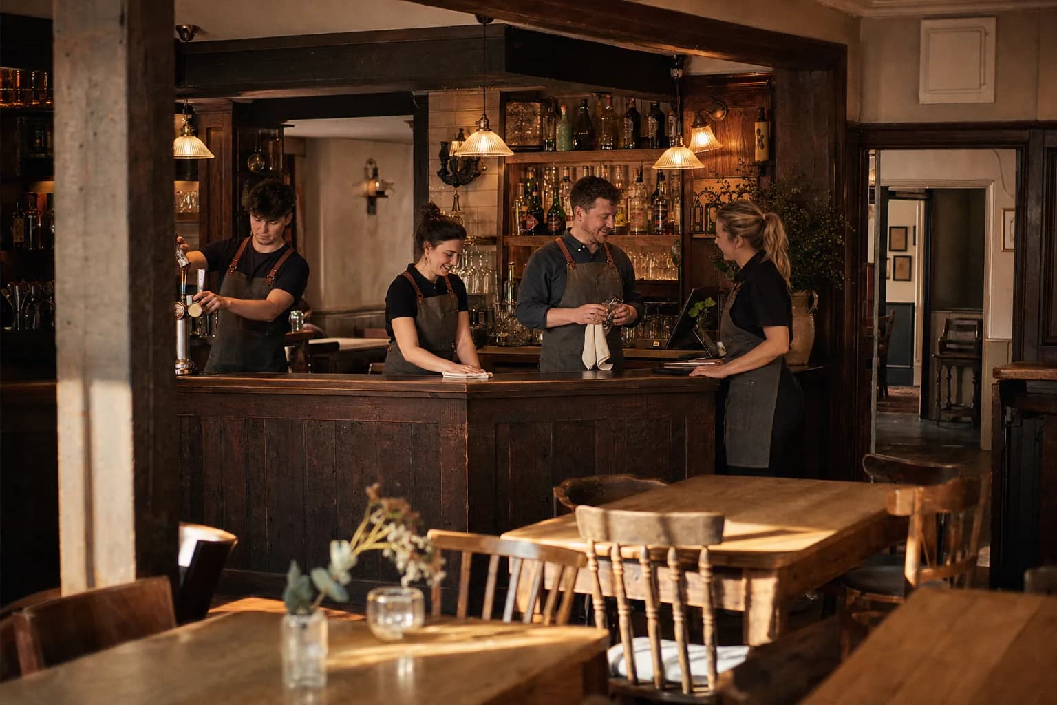 The pub team behind the bar getting ready before service (AI example photo)